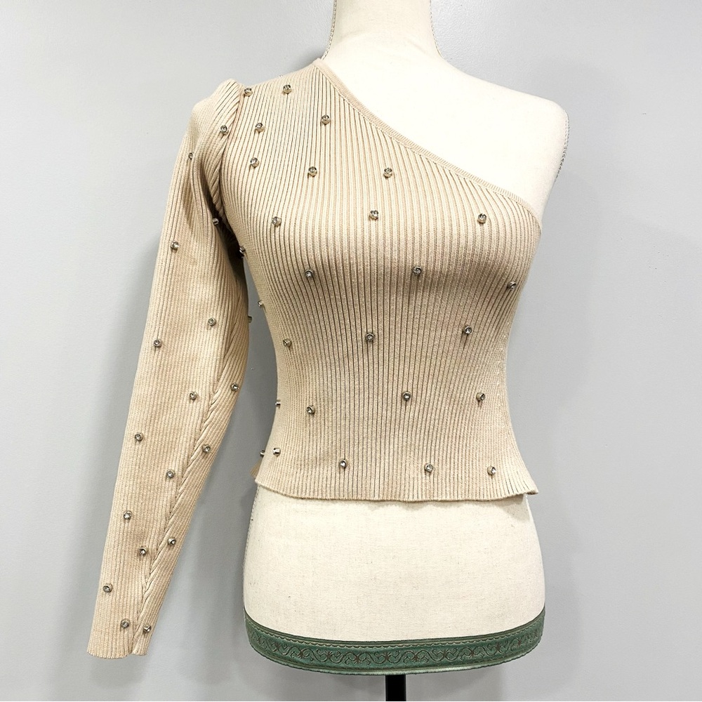 CIDER NWT L Beige Studded One-Shoulder Embellished Knit Bodycon Sweater Glam Y2K